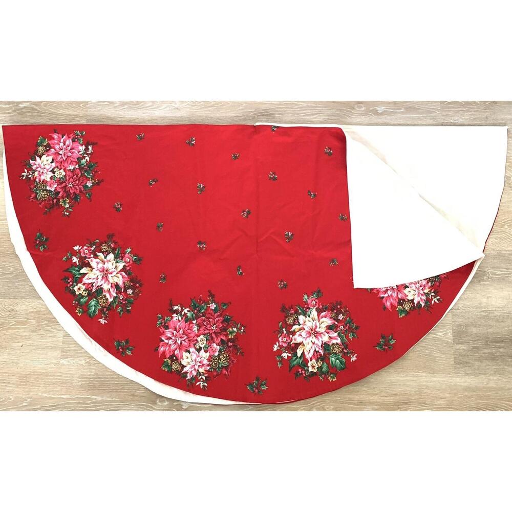 Vintage Fabric Poinsettia Cloth Christmas Tree Skirt Holiday Hand Made Cottage